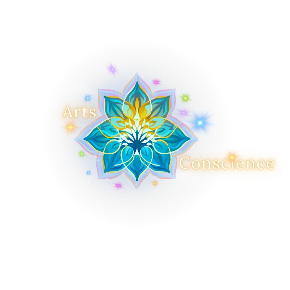 Un logo holistique avec une fleur de lotus en aura blanche et les inscriptions arts et conscience sur les côtés. Des étoiles de toutes les couleurs sont autour du logo.